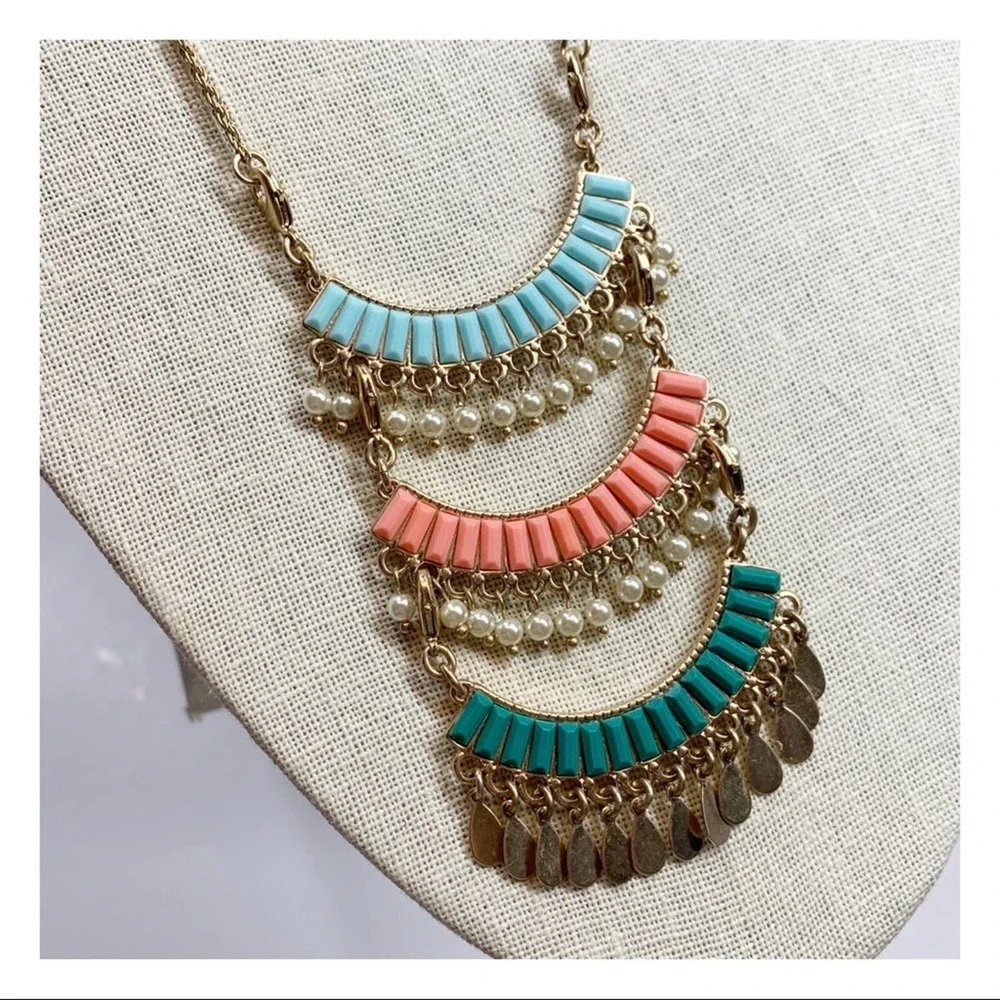 boho Gold tone long tiered colorful beaded necklace fun spring summer